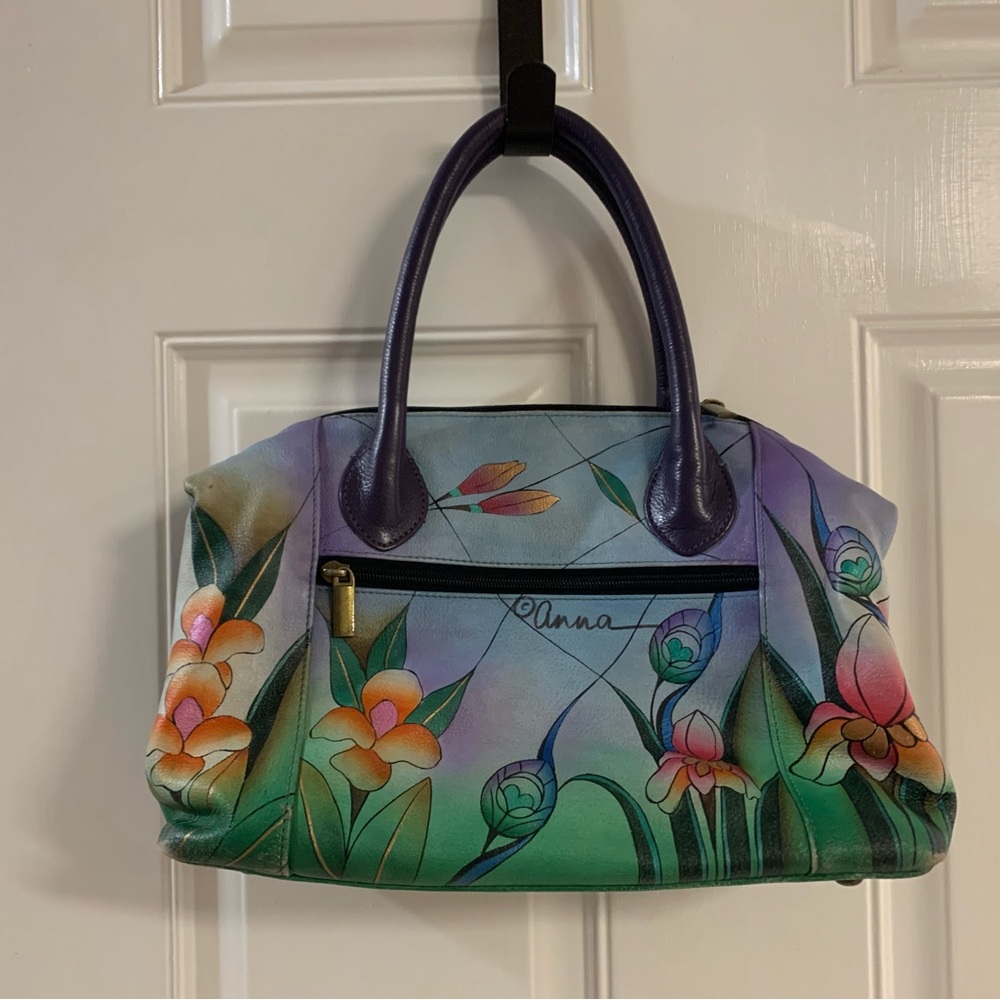 Anna Anuschka Midnight Peacock Hand-Painted Leather Satchel. - Picture 2 of 6